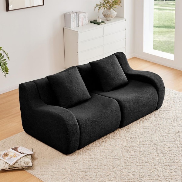 83 in. Sloped Arm Teddy Fabric Rectangle Boneless Sofa Anti-Slip, 32D High Density Sponge, No Assembly Required in Black