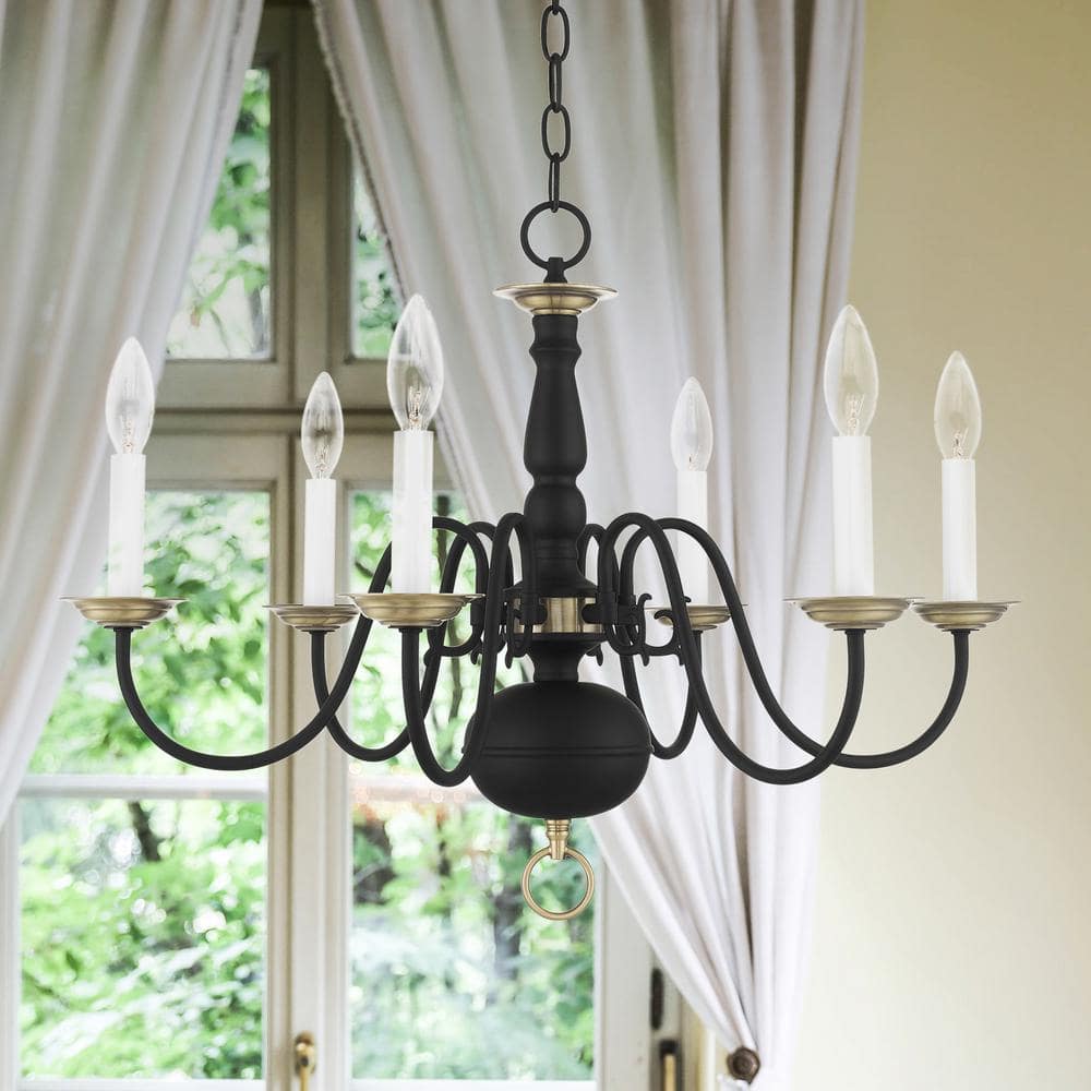 Elegant Colonial Black and Antique Brass 6-Light Crystal Chandelier
