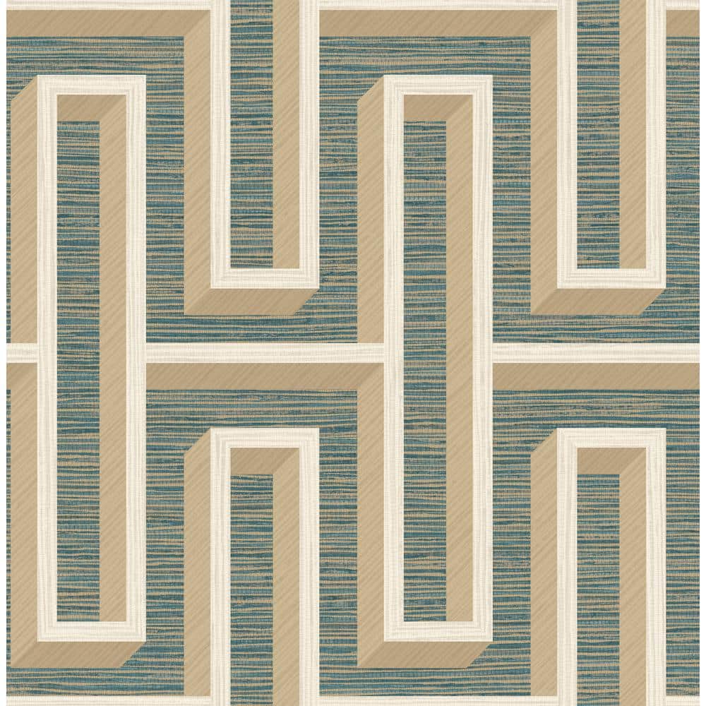 Teal and Beige Geometric Grasscloth Wallpaper Double Roll