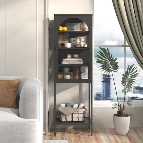 19.7 in. x 13.8 in. x 63 in. Black 5-Shelf Metal Storage Cabinet with 3 Adjustable Dividers and Glass Doors