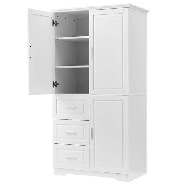 Tall and Wide Storage Cabinet with Doors and Three Drawers for Bathroom/Office, White