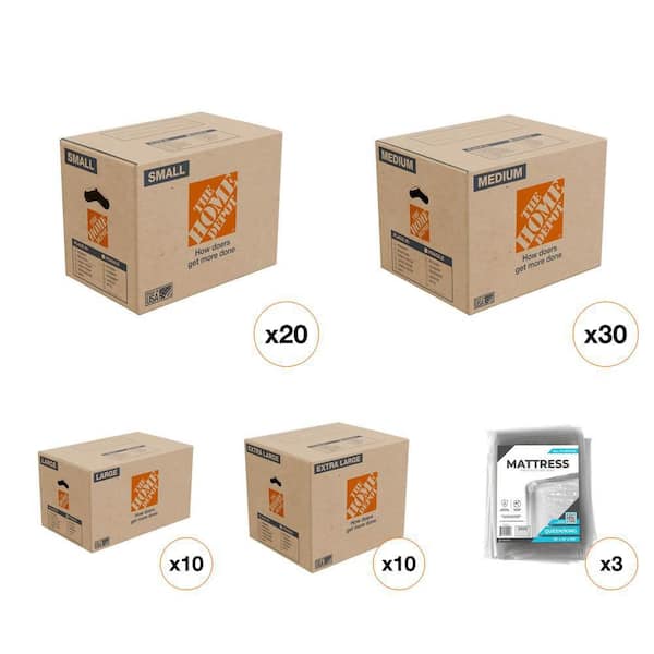 16 in small Box (20), 20 in. Medium Box (30), 26 in. (10) Large Box, 24 in. Extra-Large Box and Mattress Bag (3) Combo