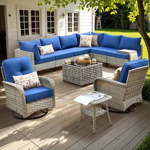 Aquarius 10-Piece Wicker Patio Conversation Seating Sofa Set with Navy Blue Cushions and Swivel Rocking Chairs