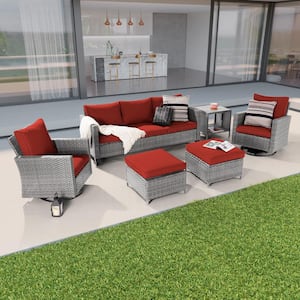6-Piece Patio Conversation Set Gray Wicker with Swivel Rocking Chair and Side Table, Rust Red