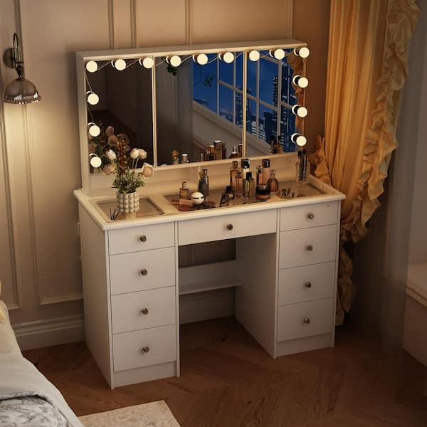 White Makeup Vanity Desk 9-Drawers Wood Dressing Table With 3 Mirrors, Glass Top, Hidden Storage Shelves, LED Bulb Light