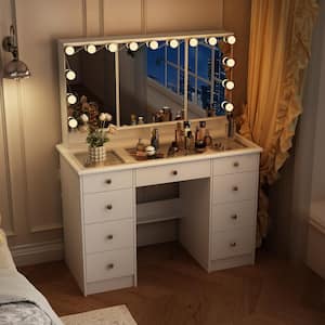 White Makeup Vanity Desk 9-Drawers Wood Dressing Table With 3 Mirrors, Glass Top, Hidden Storage Shelves, LED Bulb Light