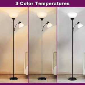 71 in. Black 2-Light Torchiere Floor Lamp with 2 White Acrylic Dome Shades