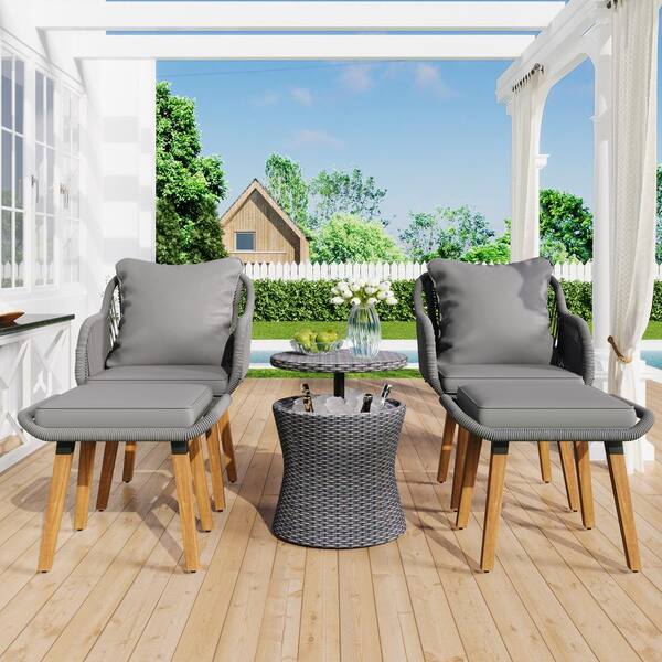 AUTMOON 5-Piece Patio Furniture Set Outdoor Conversation Set with Wicker Cool Bar Table and Ottomans, Gray