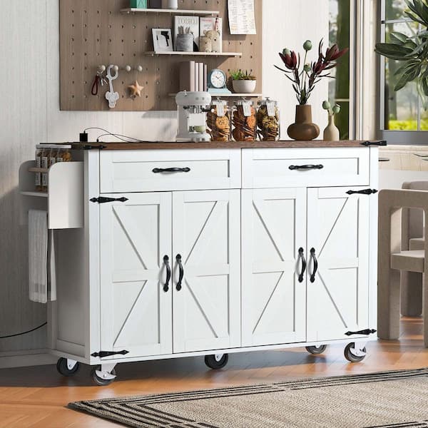 White Wood 54 in. Kitchen Island with Drawers, Rolling Kitchen Cart on Wheels, Farmhouse Storage Cabinet