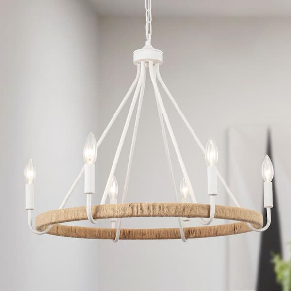 6-Light White Candlestick Wagon Wheel Chandelier Hemp Rope Linear Chandelier Lighting for Kitchen Island