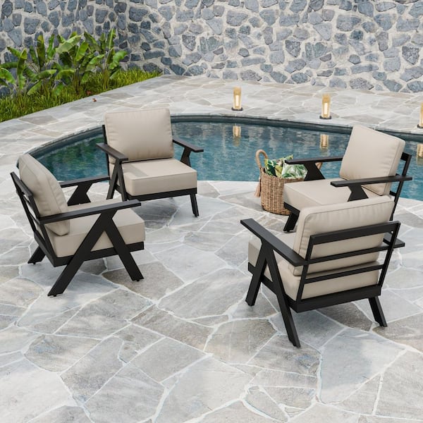 Modern Black Rust-Resistant Metal Frame Outdoor Lounge Chair with Beige Cushions (Set of 4)