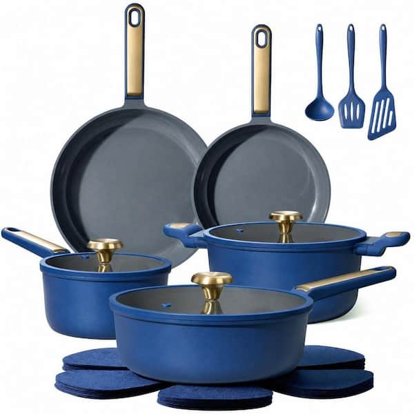 16 Piece Blue Ceramic Nonstick Die-Cast Aluminum Pots and Pans Set Even Heating Easy Clean Kitchen Cookware