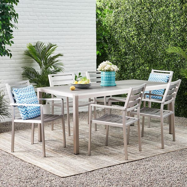 Noble House Cape Coral Silver 7-Piece Metal Rectangular Outdoor Dining ...