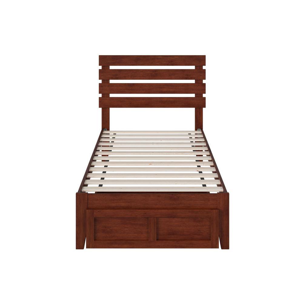 Walnut Twin Wood Platform Bed with Storage Drawer and USB Charger