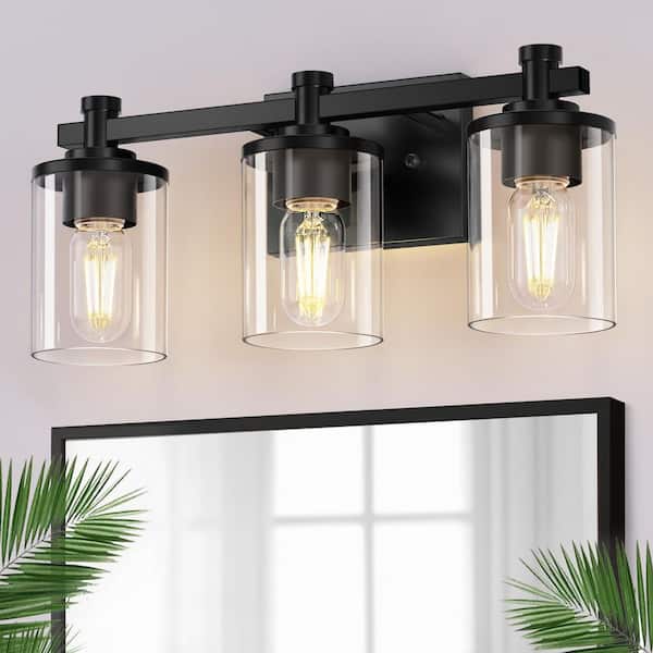 19.69 in. 3-Light Black Bathroom Vanity Light with Clear Glass Shades, Industrial Wall Light Fixture with E26 Base