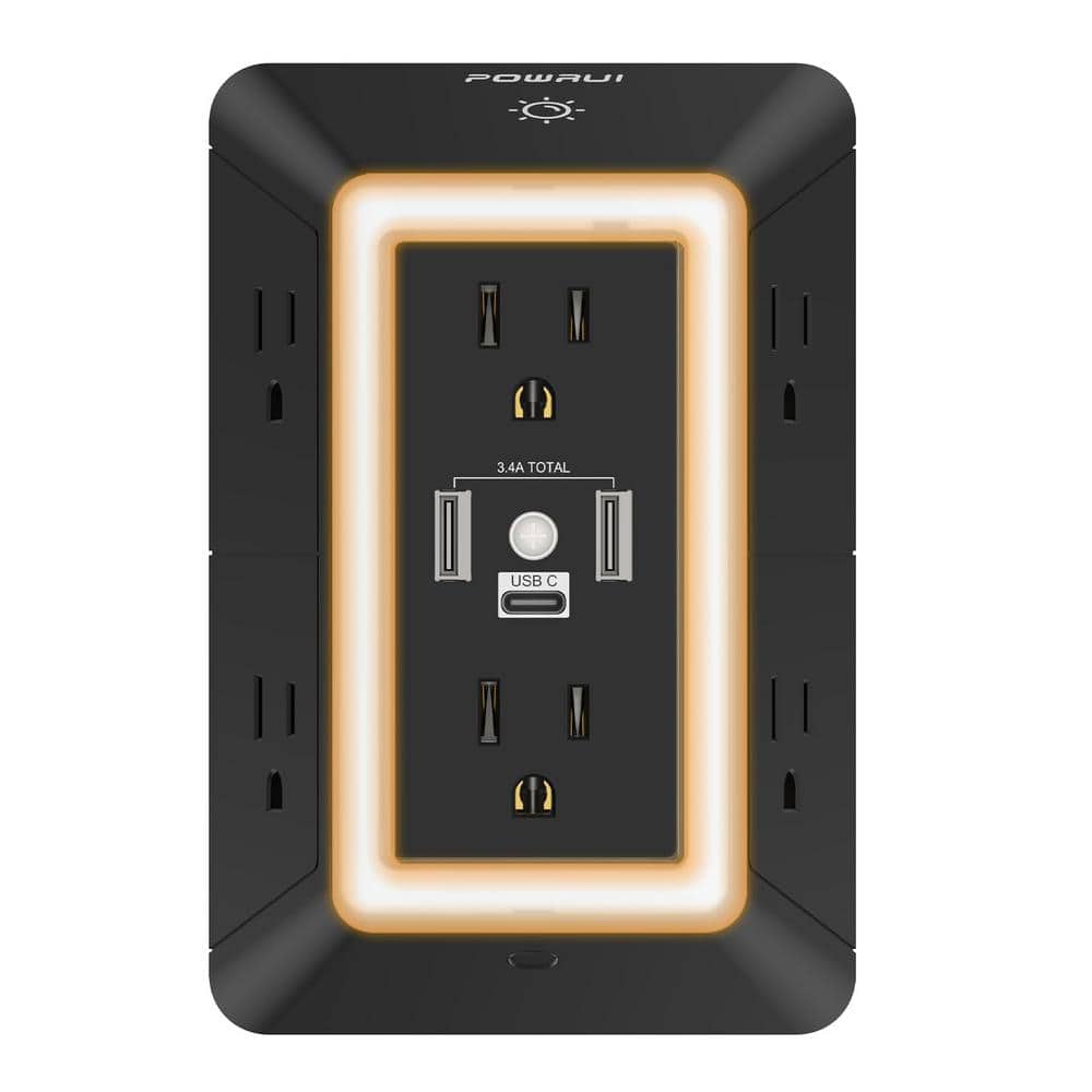 Black 6-Outlet Surge Protector with USB Ports and Night Light