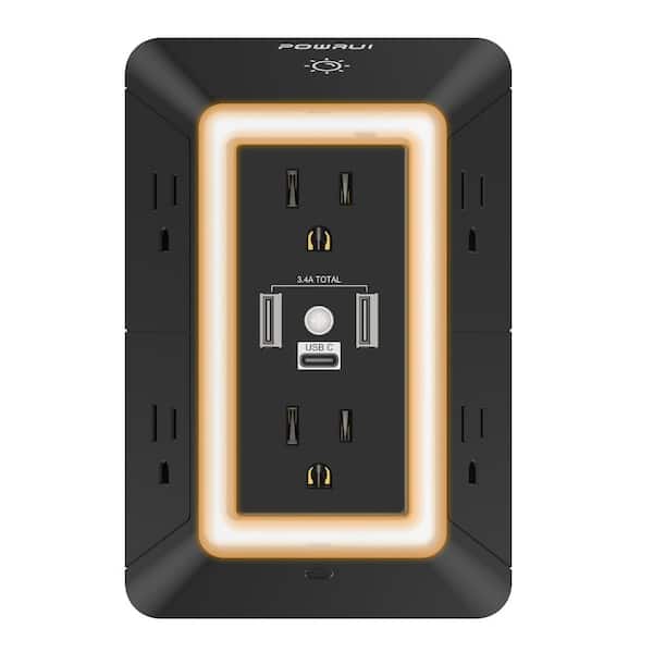 Lukyamzn 3 Sided 6-Outlet Multi Plug Outlet Surge Protector in Black with 3 USB Ports and Night Light