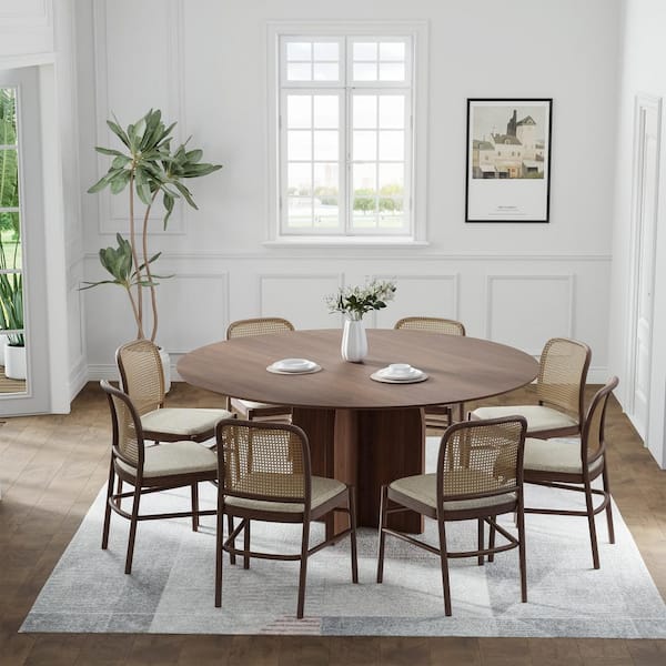 Dovelina Flora Modern Walnut Round Oak Wood Top 59 in. Cross Leg Dining Table Seats 8