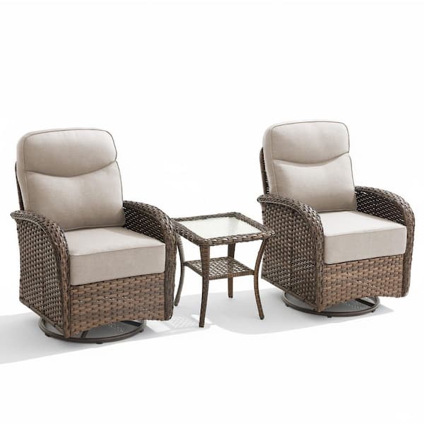 High Crescent 3-Piece Brown Wicker Patio Conversation Set with Beige Cushions