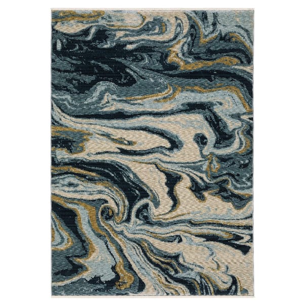 Cage Blue 10 ft. x 13 ft. Abstract Polyester Fringe-Edge Indoor Area Rug