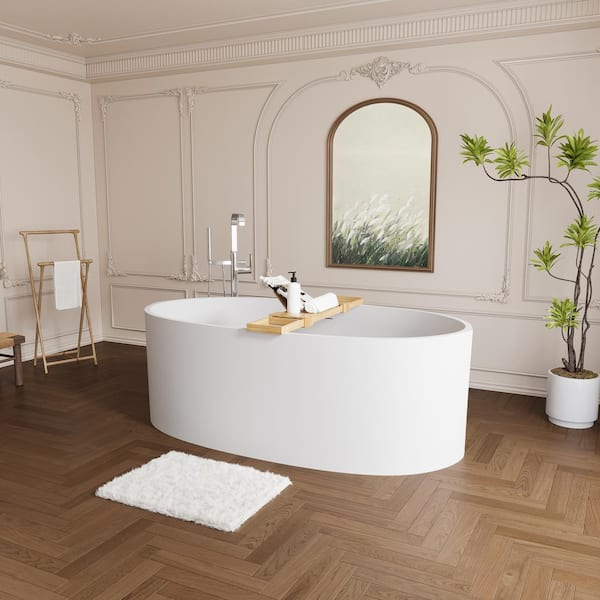 Moray 65 in. x 34 in. Solid Surface Stone Resin Flatbottom Freestanding Double Slipper Soaking Bathtub in Matte White