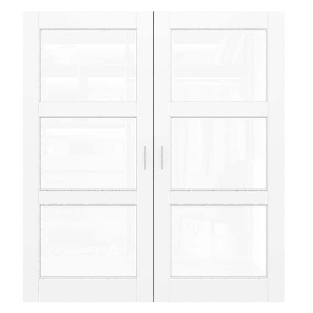 72 in. x 80 in. 3-Lite Clear Glass White Solid Core Glass French Door Without Jamb Double Interior Door Slab + Ballcatch price history on PriceWatchPro
