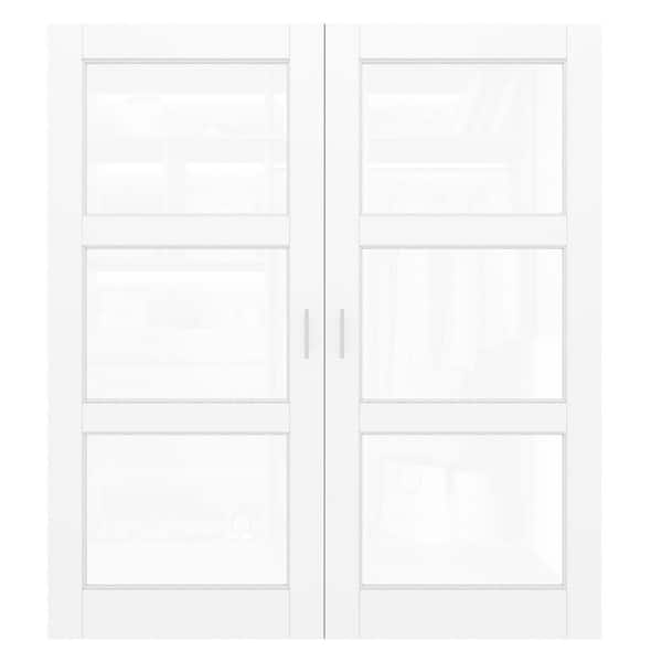 72 in. x 80 in. 3-Lite Clear Glass White Solid Core Glass French Door Without Jamb Double Interior Door Slab + Ballcatch