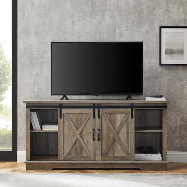 58 in. Farmhouse Gray Wash Composite TV Stand with Sliding Doors (Max TV Size 65 in.)