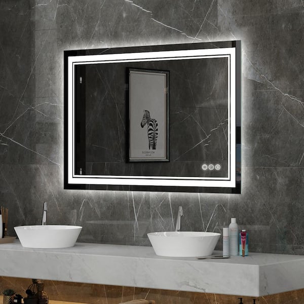Elevatehome 48 in. W x 32 in. H Bright Rectangular Frameless Anti-Fog LED Light Wall Bathroom Vanity Mirror in Tempered Glass