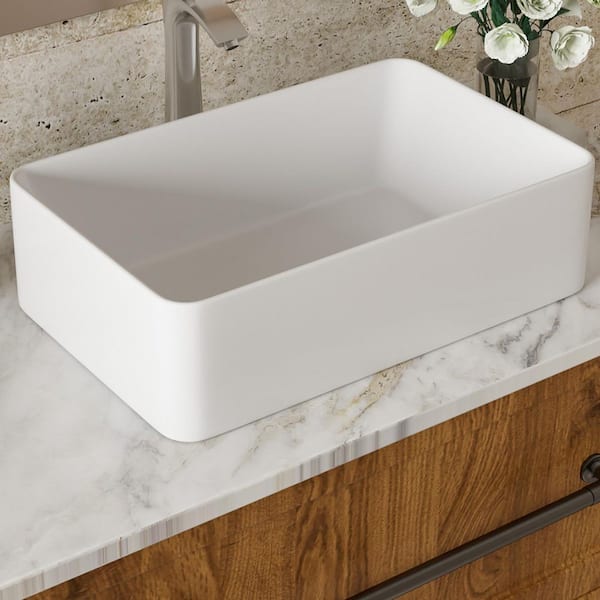 21 in. Vessel Rectangular Bathroom Sink in White Ceramic