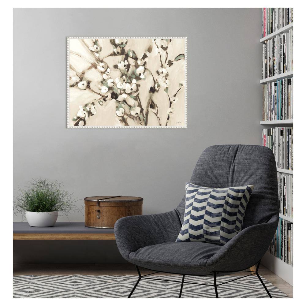 Wild Floral Branches Neutral Canvas Wall Art with White Frame