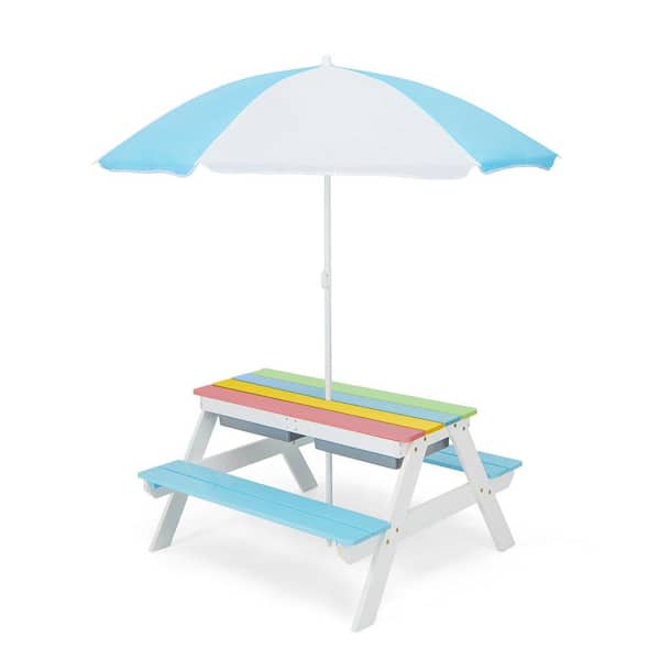 ANGELES HOME 36.5 in. Blue Wood Rectangle 3-in-1 Kids Outdoor Picnic Tables with Umbrella Play Boxes
