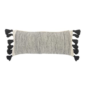 Distressed Gray and Black Tied Fringes Fondle Poly-fill 28 in. x 12 in. Throw Pillow