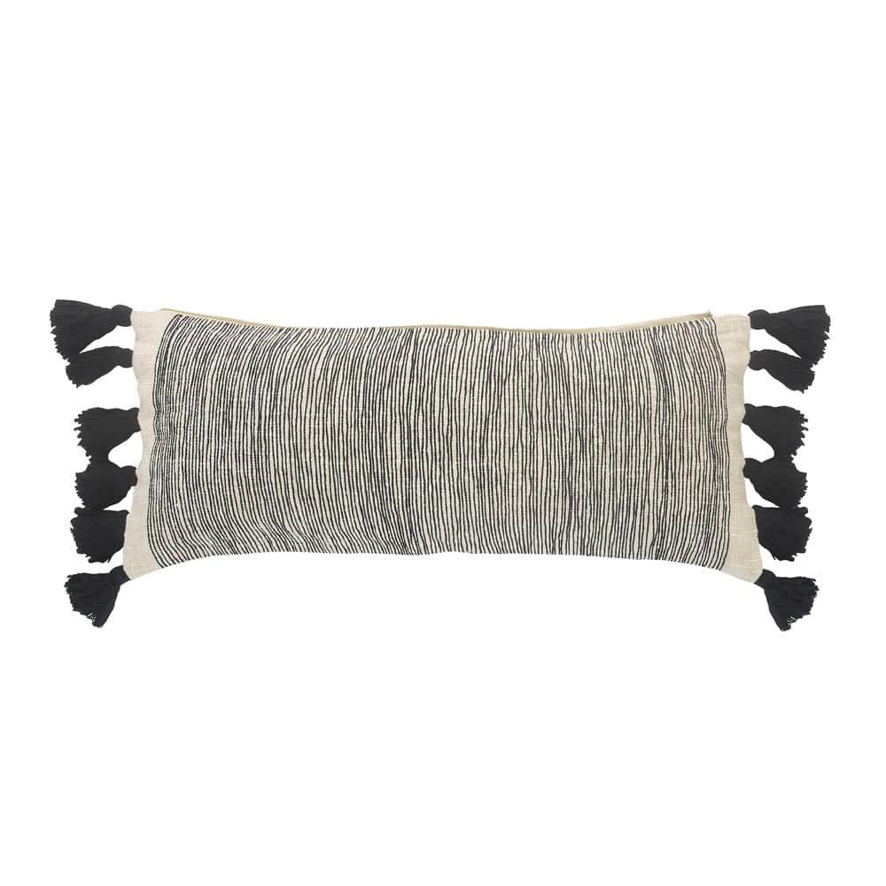 Distressed Gray and Black Tied Fringes Fondle Poly-fill 28 in. x 12 in. Ind