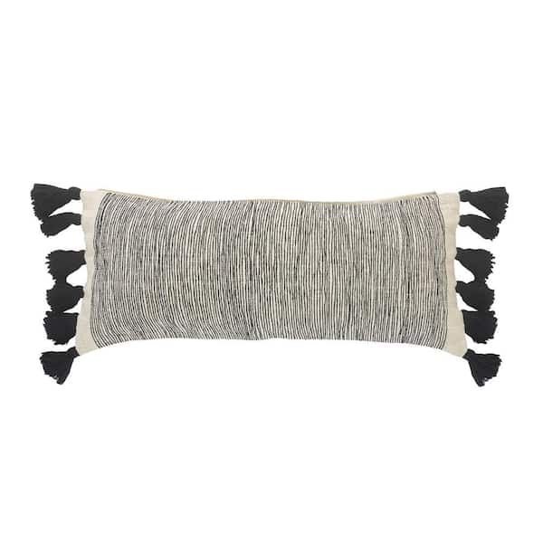 Unbranded Distressed Gray and Black Tied Fringes Fondle Poly-fill 28 in. x 12 in. Indoor Throw Pillow