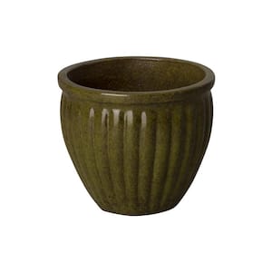 13 in. Tropical Green Round Ceramic Planter with Ridges