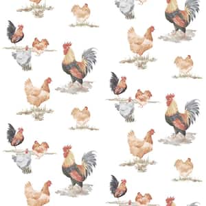 Free Range Chickens Black/Red/Beige Matte Finish Vinyl on Non-Woven Non-Pasted Wallpaper Roll