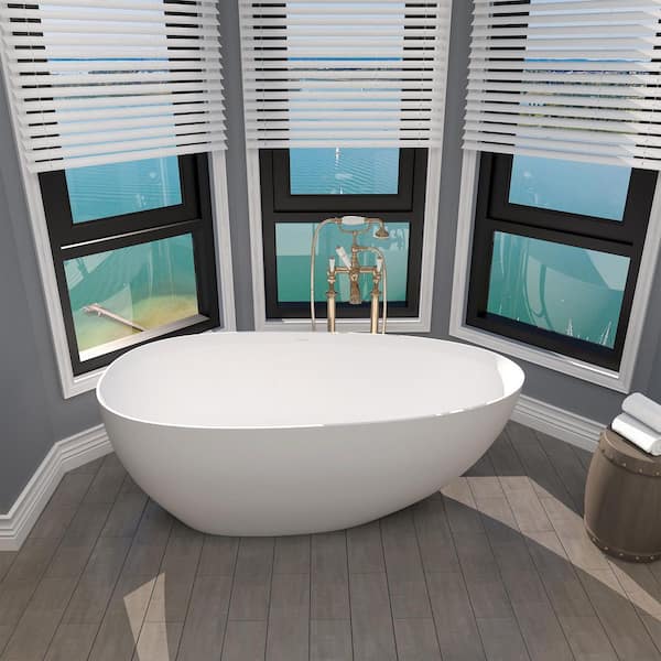 63 in. x 31.5" Stone Resin Flatbottom Freestanding Soaking Bathtub with Overflow and Drain in White