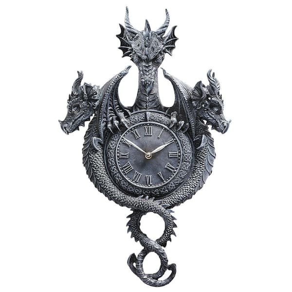 Design Toscano Past, Present, Future Sculptural Dragon Gray Analog Plastic Poly-Resin Wall Grandfather Clock