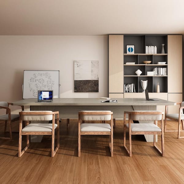 Modern Concise Style Gray Oak Wooden 118.1 in. Width Rectangle Pedestal Base Writing Desk Meeting Table for 6-10