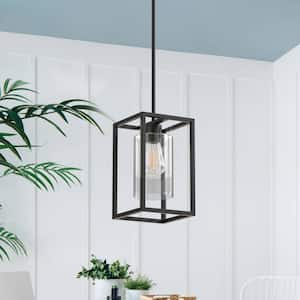 1-Light Black Industrial Cage Pendant Light with Square Metal Shade and Clear Glass Cylinder Shade for Kitchen Island