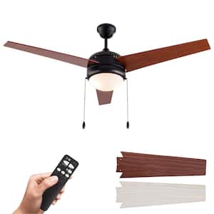 52 in. Indoor White LED Woodgrain Ceiling Fan Pull Chain Remote Control Reversible AC Motor Reversible Blades