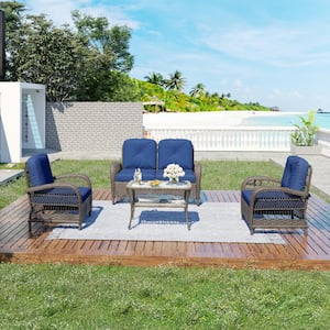 4-Piece Wicker Outdoor Loveseat and Lounge Chairs Patio Conversation Set with Blue Cushions