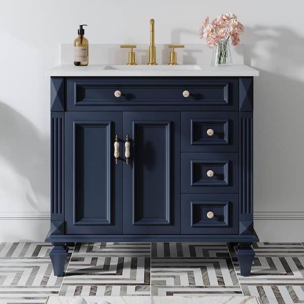 ANGELES HOME 36 in.W x 22 in.D x 35 in.H Solid Wood Single Sink Bath Vanity in Navy Blue w/ Stain-resistant Quartz Top,Soft-Close