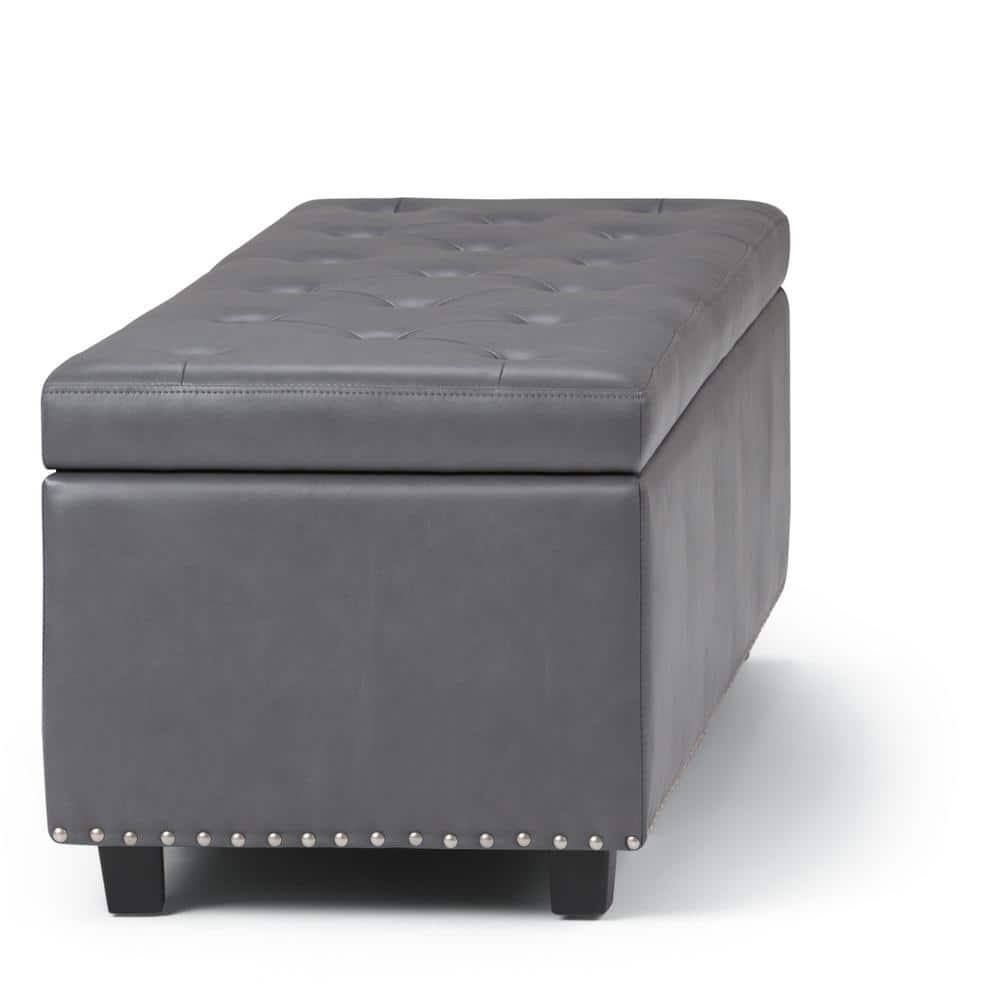 Elegant Stone Gray 48" Wooden Storage Bench Ottoman with Nailhead Trim