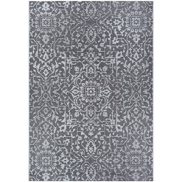 Couristan Monte Carlo Palmette Black-Grey-Ivory 8 ft. 6 in. x 13 ft. Indoor/Outdoor Area Rug