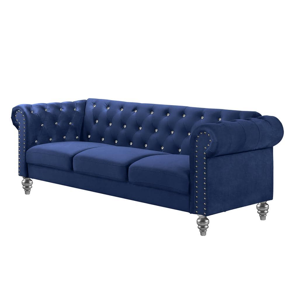 Emma Royal Blue Velvet Loveseat and Sofa Set with Crystal Buttons