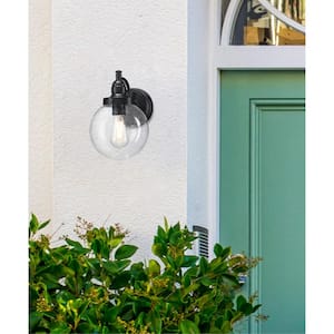Eddystone 1-Light Matte Black Outdoor Wall Mount Sconce with Clear Seeded Glass