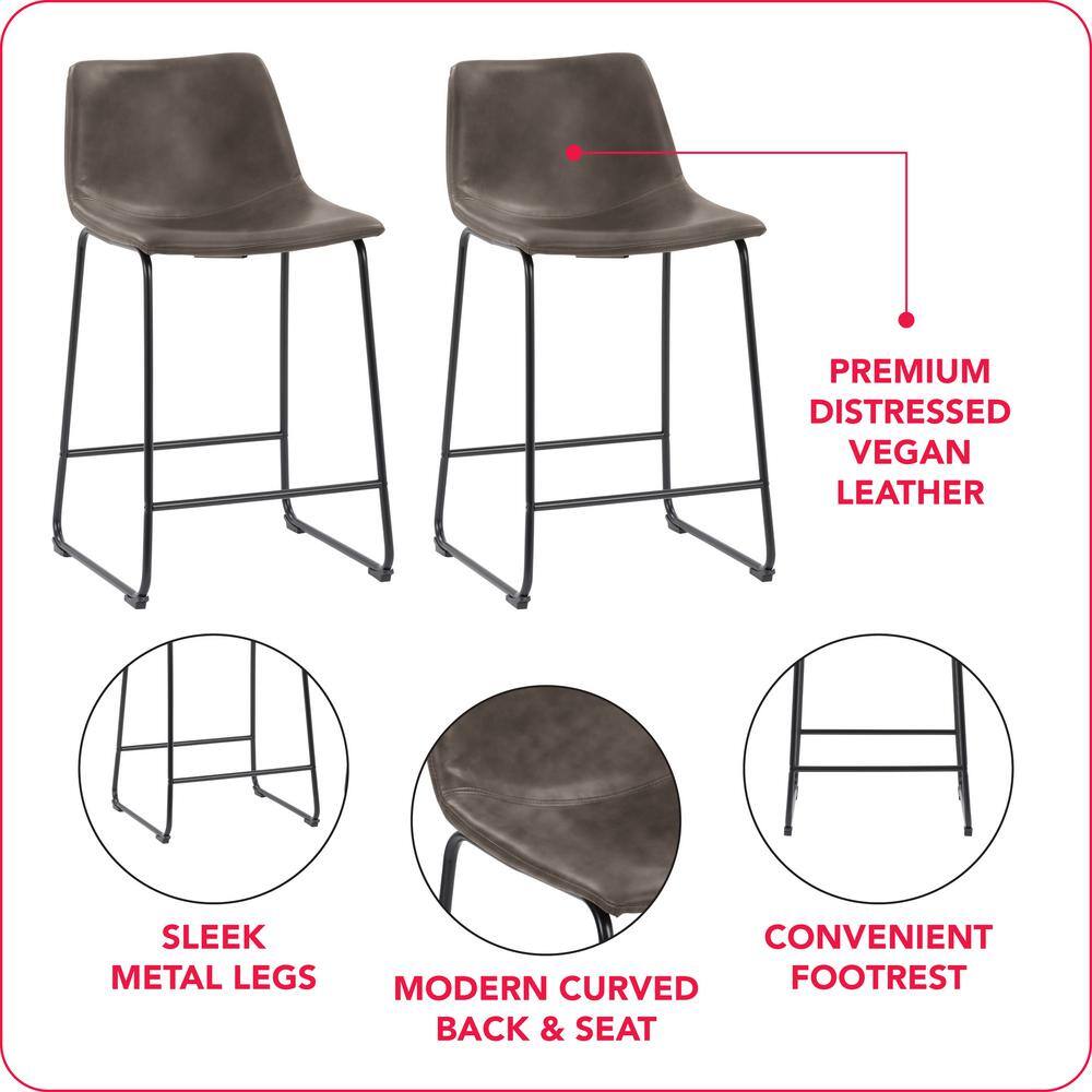 Gray Faux Leather and Metal Counter Height Barstools, Set of 2