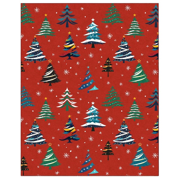 6 X 9 ft. Red Christmas Washable Area Rug, Soft Carpet with Xmas Tree, Non-Slip Backing, Foldable, for Living Room